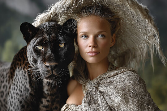 Woman and black leopard companionship in nature
