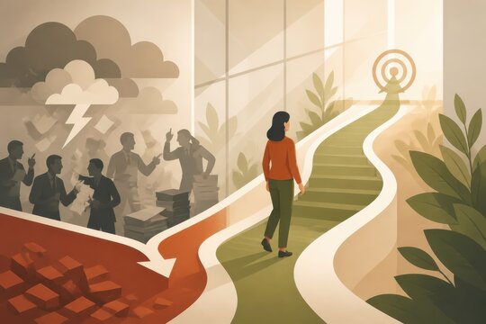 Illustrated person walking a split path between stormy conflict and peaceful growth toward a target