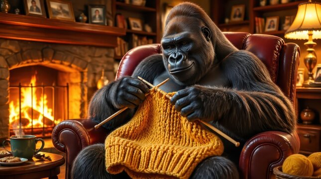 A majestic silverback gorilla sitting in a leather armchair knitting a yellow sweater, where the fireplace casts a warm glow on a cozy library setting in this high resolution gigapixel photograph.
