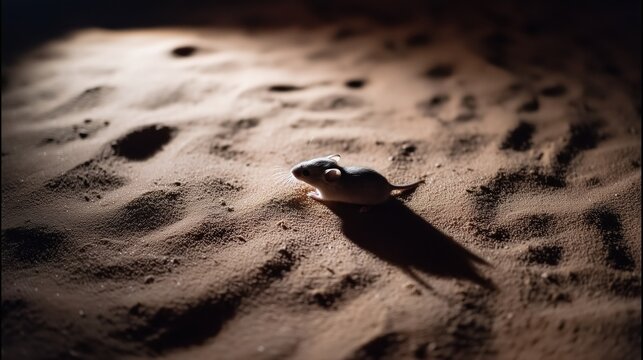 A small rodent scurries across the moonlit desert sands casting a shadow, highlighting nocturnal wildlife behavior.