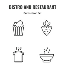 Fototapeta premium bistro and restaurant outline icon set. thin line cupcake with cream, strawberry drawing, toasted bread, hot soup icons. editable vector