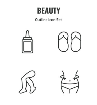 beauty outline icon set. thin line aplicator bottle, two flip flops, legs, women waist icons. editable vector