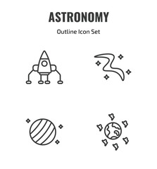 astronomy outline icon set. thin line space lander, milky way, uranus with satellite, space junk icons. editable vector © Farahim