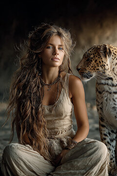 Woman sitting with leopard reflecting wild connection