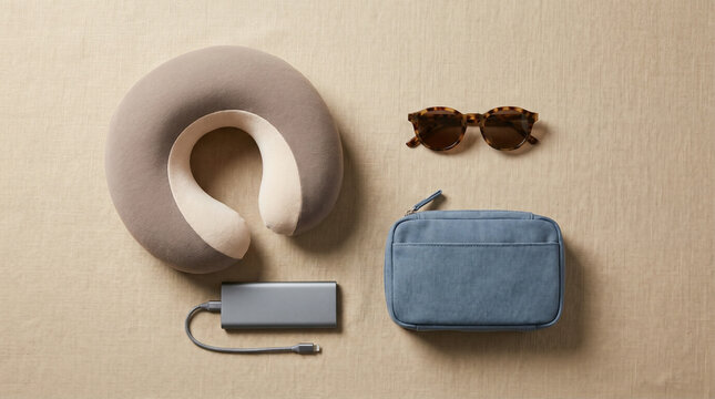 Travel accessories flat lay for summer sale in neutral colors