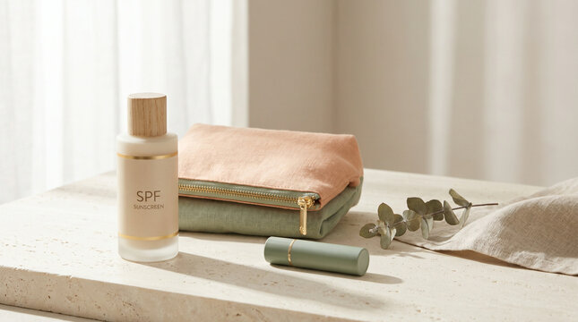 Minimal cosmetic promo setup in soft tones for summer deals