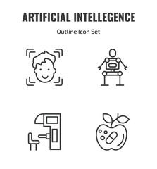 Fototapeta premium artificial intellegence outline icon set. thin line face recognition, exoskeleton, sensorama, synthetic food icons. editable vector
