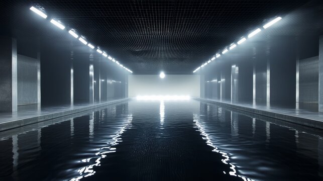 Light reflections on water surface in a modern indoor space with dim lighting and minimal design