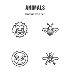 Fototapeta premium animals outline icon set. thin line lion head, bee, sloth, mosquito icons. editable vector