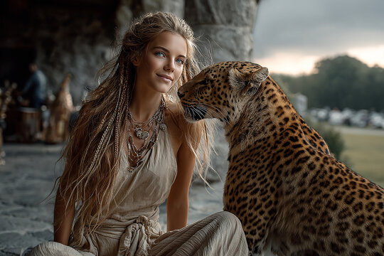 Woman connecting with leopard forming bond in nature