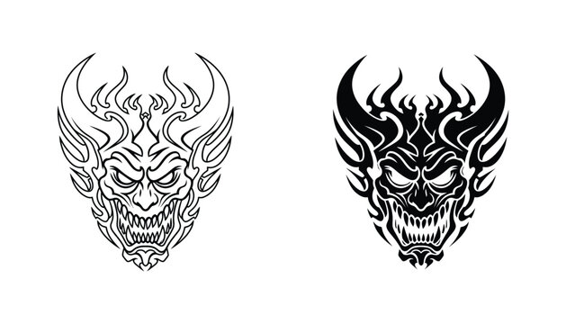 Tribal demon face mask vector illustration featuring intricate flame-like horns and an aggressive expression in both clean outline and solid black graphic styles for edgy or fantasy design concepts