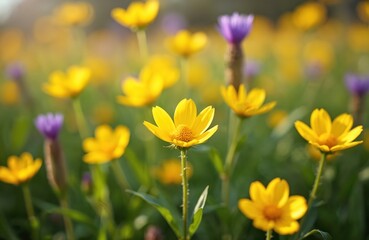 Obraz premium Field with many yellow flowers and some purple ones. Green grass and leaves surround the plants. Bright sunlight shines on meadow flora. Nature scene blooms in spring.