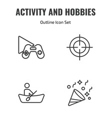 Fototapeta premium activity and hobbies outline icon set. thin line game playing, hunting, boat race, party icons. editable vector