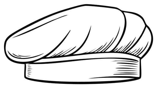 Black and white illustration of a chef hat, culinary professional uniform with realistic shadow, detailed sketch, food preparation