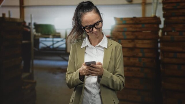Woman holding smartphone, typing with hands while looking down amid stacked crates in a building; concentration diligence.