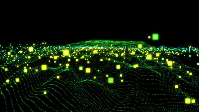 Green particle landscape with audio reactive neon yellow cubes, music visualizer wave with sparkling dots and glowing squares, audio beat react sound equalizer, 4k seamless loop animation