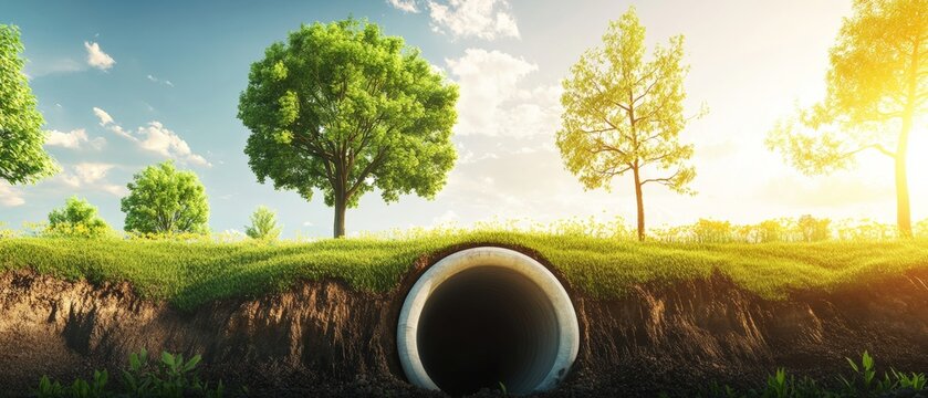 Sunshine over a grassy area with trees and a drain pipe on a clear day
