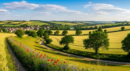 Obraz premium Rolling golden fields, a winding path, wildflowers, and a distant village under a blue sky