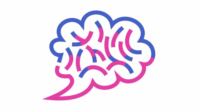 AI neural network brain icon with pink and blue line art cognitive mind cartoon animation isolated on an alpha channel. Data science circuit concept for machine learning and artificial intelligence.