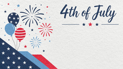 Obraz premium 4th of July Independence Day white textured paper background with red blue fireworks and balloons with copy space for banner