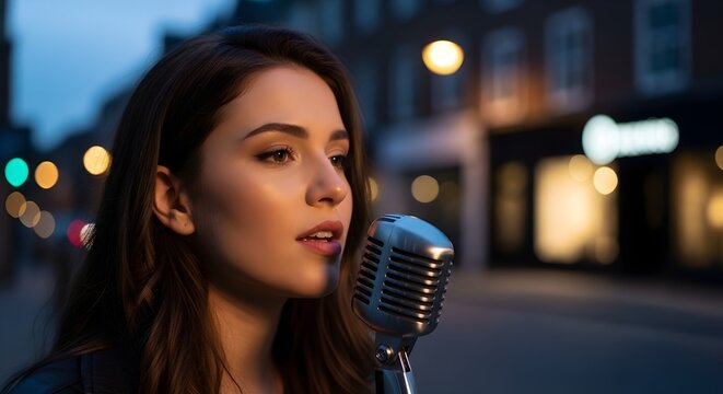 Young Woman Sings into Vintage Microphone on a City Street at Dusk