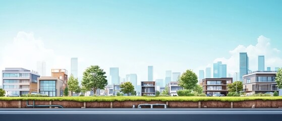Obraz premium City skyline view with buildings, trees, and clear sky during daytime in an urban setting