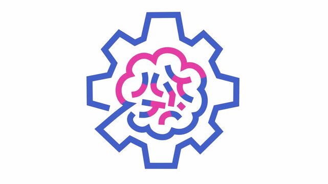 AI brain engineering icon with blue and pink line art gear and neural network core cartoon animation for machine learning automation concept isolated on an alpha channel. Seamless looping.