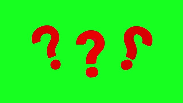 Three red question marks rotate on a bright green chroma key background in a looping 3D animation