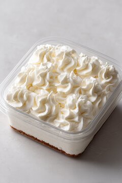 Square container filled with delectable cream cheese dessert, topped with fluffy, piped swirls of whipped cream.