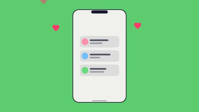 Smartphone Receiving Message Notifications with Floating Hearts on Green Background