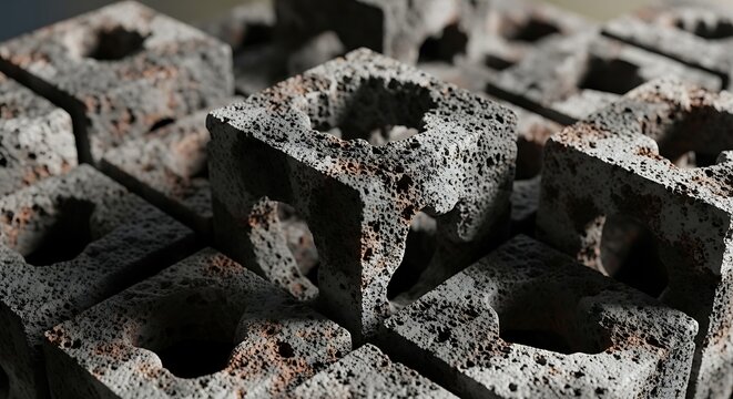 Rough, textured concrete blocks with circular voids, arranged in a grid