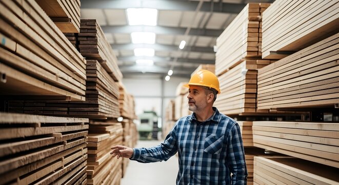 Man in Hard Hat Inspecting Stacked Lumber in a Warehouse