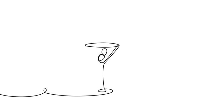 Continuous one line cocktail drawing vector illustration design art isolated. Cocktail glass ice party doodle graphic white bar silhouette alcohol background beverage wine restaurant water juice menu.