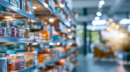 Obraz premium A blurred modern pharmacy interior within a hospital glows with soft organized shelves of products in a clean bright environment hospital pharmacy faceless background blurred