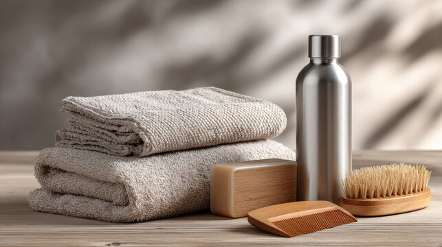 Sustainable travel kit with solid shampoo, reusable aluminum bottle and wooden bathroom essentials for a minimalist, plastic free personal care routine on the go