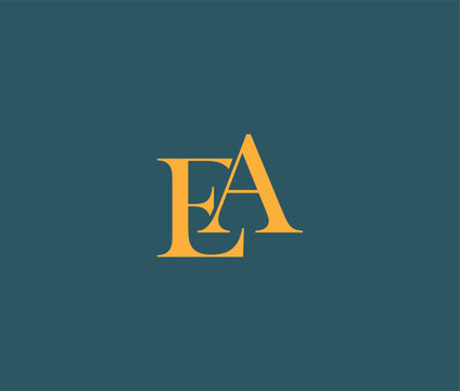 Elegant intertwined capital letters EA in gold font on a deep teal background symbolizing business or initials