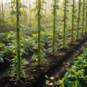 Row of climbing beans and tomatoes growing vertically in morning sunlight