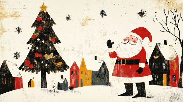 vintage illustration of Santa Claus, christmas tree, houses on a white background with red, black, and gold colors