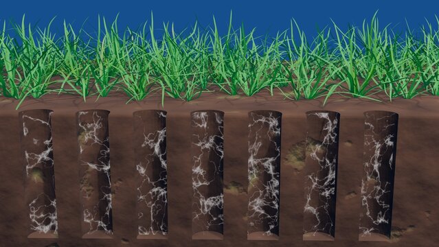 Soil aeration. Holes dug into earth allowing nutrients, gases, fertilizer to enter soil. Improving air exchange in soil. Digging holes opens up compacted soil during aeration. 3d render illustration