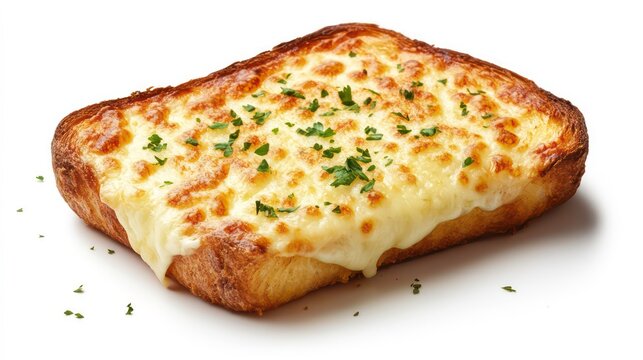 This golden crusted croque monsieur is isolated on a clean white background to emphasize its gooey cheese and golden crust.