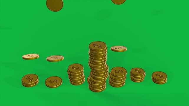 Stack of gold coins fall down animation with green screen. 3d Render. Business concept
