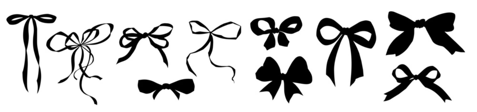Vector silhouette monochrome bows set in different shapes, black flat design for cutting plotter social media greeting cards home decor templates


