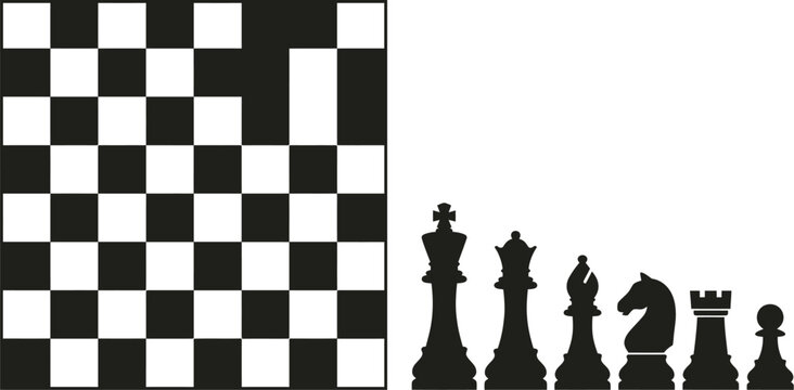 Chessboard and chess pieces silhouette on white background