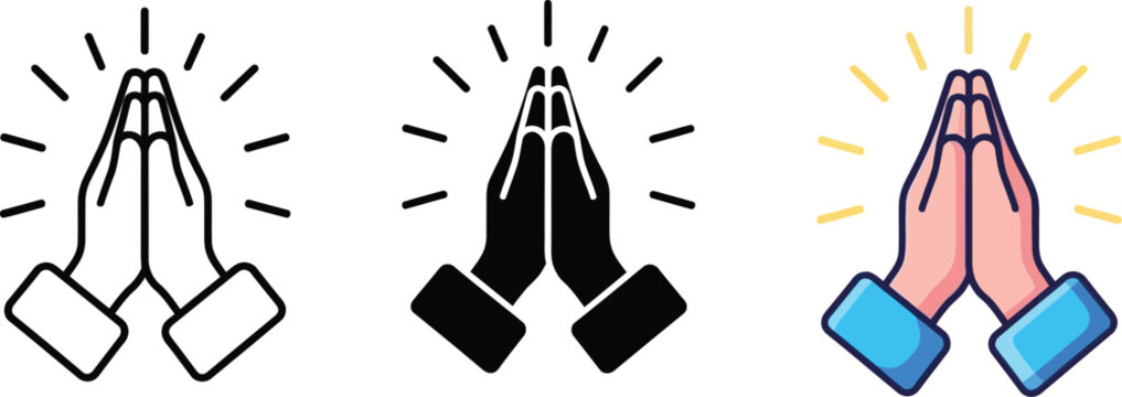 Praying hands icon displayed in three different visual styles shows human palms pressed together in a gesture of gratitude, faith, or meditation.