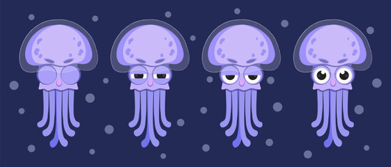 Fototapeta premium Cute Jellyfish Emotions Set Flat Vector Illustration