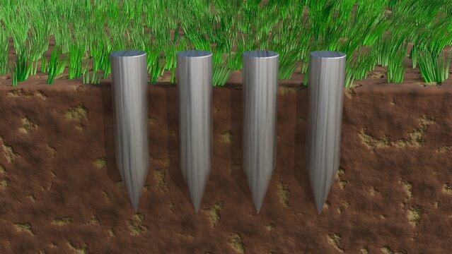 Soil aeration. Holes dug into earth allowing nutrients, gases, fertilizer to enter soil. Improving air exchange in soil. Digging holes opens up compacted soil during aeration. 3d render illustration