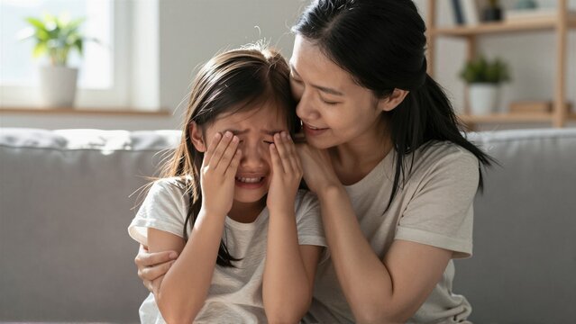 Caring Asian mother comforting her crying little daughter on a sofa at home. A supportive parent consoles an upset child during a moment of sadness and empathy