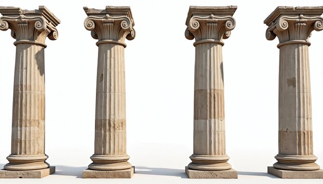 Four ancient stone columns stand in a row against a white background. These architectural elements feature classical ionic capitals and fluted shafts, showing signs of age and wear.