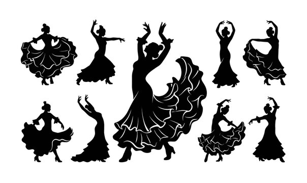 Collection of Silhouette of dancing women in skirt.