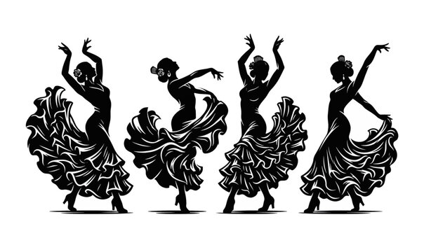 Collection of Silhouette of women dancing flamenco.